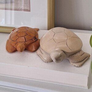 Vintage Wood Turtle carving Figurine & Soapstone stone turtle